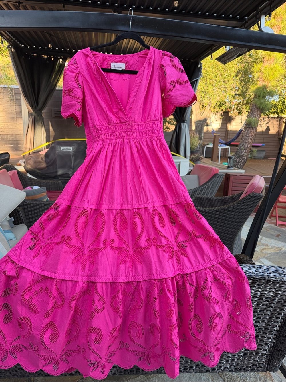 Anthropologie Somerset Hot Pink Eyelet Embroidered Tiered Maxi Dress M Petite
